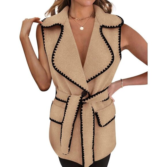 Jackets & Blazers - Women's Tweed Vest Outerwear Large Sleeveless Button Belt Fall Winter